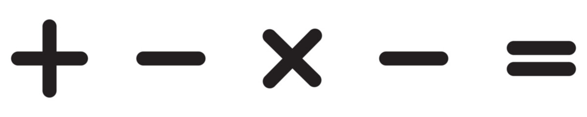 mathematical icon. math calculations addition, division, subtraction, multiplication, plus minus button symbol set. mathematical calculator education vector in black and white. Eps10.