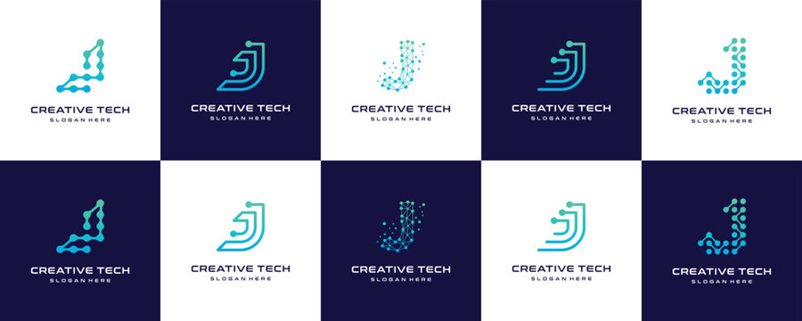 Set of letter J logo designs. Abstract symbol for digital technology, internet