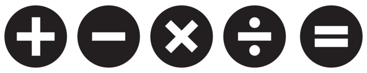 mathematical icon. math calculations addition, division, subtraction, multiplication, plus minus button symbol set. mathematical calculator education vector in black and white. Eps10.