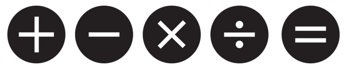 Fototapeta premium mathematical icon. math calculations addition, division, subtraction, multiplication, plus minus button symbol set. mathematical calculator education vector in black and white. Eps10.