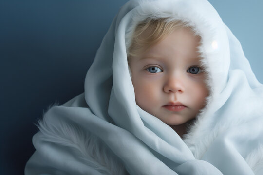 Retrato de un tierno bebe rubio cubierto con una manta blanca en un fondo azul gris neutro