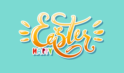 Happy Easter Modern card on green background, hand drawn lettering. Flat cartoon minimalistic vector illustration, holiday banner.