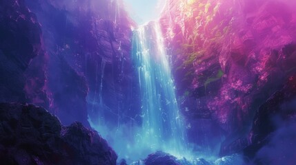 Anime-style illustration of a beautiful waterfall flowing in a valley