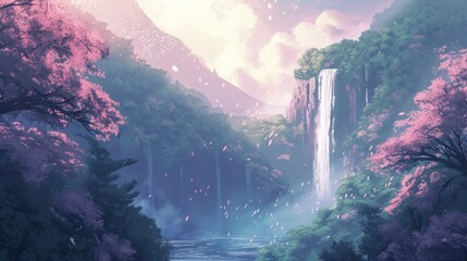 Anime-style illustration of a beautiful waterfall flowing in a valley