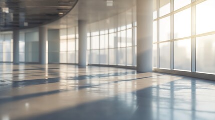 Fototapeta na wymiar Sunlit Modern Office Corridor with Reflective Flooring