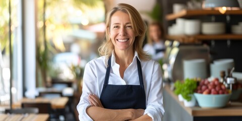 Portrait of smiling middle aged elegant small restaurant business owner, entrepreneur, female company manager, happy beautiful mature businesswoman