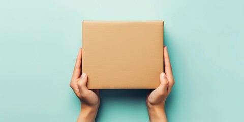 Top view to female hands holding empty brown cardboard box on light blue background. Mockup parcel box. Packaging, shopping, delivery concept
