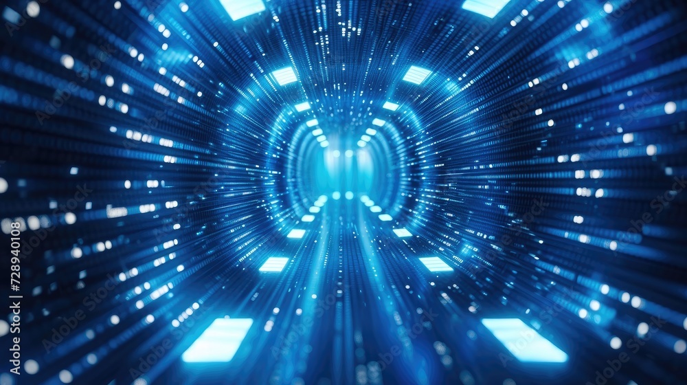 Leinwandbilder Abstract concept of blue tunnel with computer number matrix code. big data information internet storage connection server in a tech company. Generative AI.