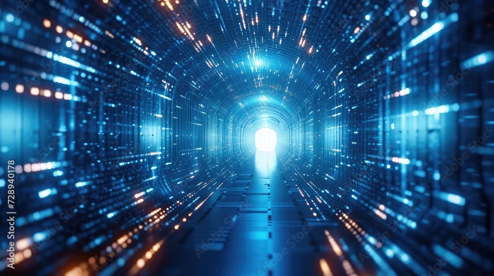 Leinwandbilder Abstract concept of blue tunnel with computer number matrix code. big data information internet storage connection server in a tech company. Generative AI.