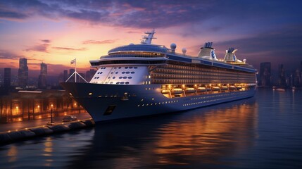 Luxury Cruise Ship Sailing into Harbor at dusk. generative ai