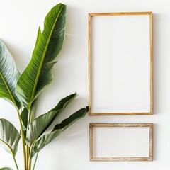 Frame mockup with tropical leaves on white background. Flat lay, top view.
