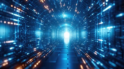 Abstract concept of blue tunnel with computer number matrix code. big data information internet storage connection server in a tech company. Generative AI.
