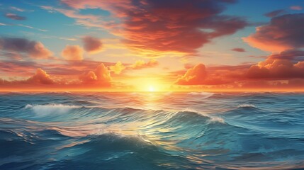 Fototapeta na wymiar Panoramic view of the sea with a beautiful sunset just above the horizon. generative ai