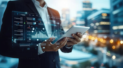 Businessman holding smart tablet screen in hands analyzing the world economy stock market. Generative AI.