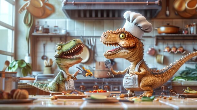In the midst of all the chaos a mother TRex chef can be seen scolding her misbehaving baby whos playing with the kitchen utensils while a Pterodactyl chef giggles in the background.