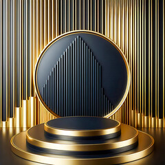 Luxury black and gold round podium and vertical golden stripes background Abstract 3d shape for stylish advertising products display Minimal scene studio room