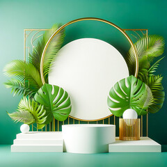 Modern white product podium with green tropical palm leaves and golden round arch on stylish green wall for mock up