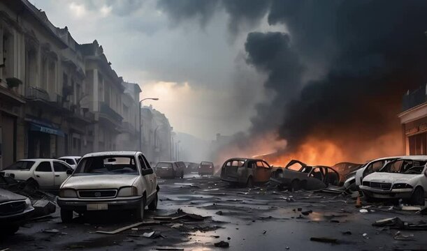 chaotic city streets with smoke from destroyed buildings and cars