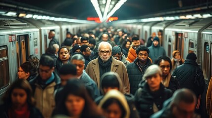 A big crowd of people in the subway metro in rush hour on their way home driving with trains. in the evening after work day. Generative AI. - obrazy, fototapety, plakaty