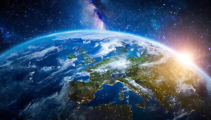Obraz premium 宇宙空間と地球と太陽のイメージ素材。Image material of outer space, earth and sun.