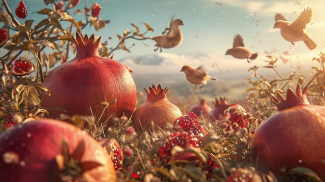 A feisty group of pomegranate farmers armed with slingshots defending their land from pesky birds trying to steal their prized fruits on Pomegranate Plains Majesty.