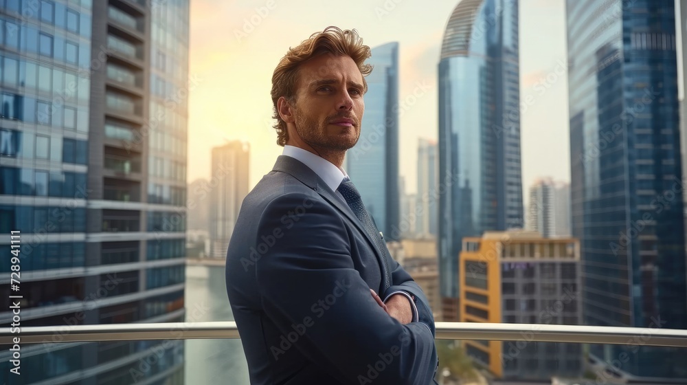 Poster businessman standing with his back on a balcony in front of a tall skyscraper building in a modern c
