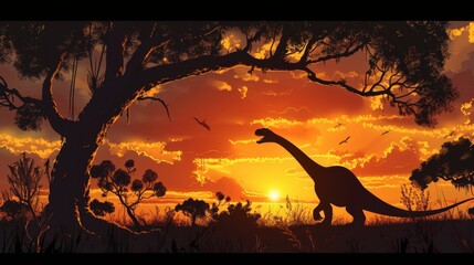 A towering Mamenchisaurus peacefully forages on lowhanging branches its long neck creating an elegant silhouette against the setting sun.