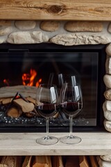 Two glasses of red wine standing on a wooden shelf in front of a fireplace