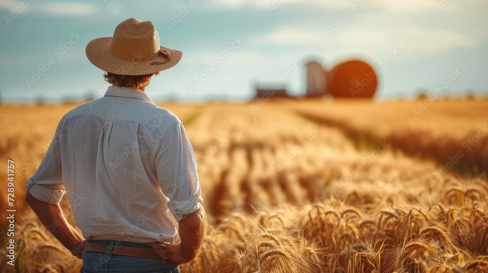 Wall mural american farmer wearing a hat standing on a wheat grass field. generative ai.