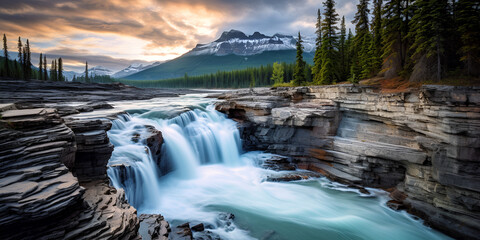waterfall in yosemite, Waterfall with long exposure during the sunrise in jasper national park canada, Athabasca fall with cloudy day in spring, alberta,  Generative AI - obrazy, fototapety, plakaty