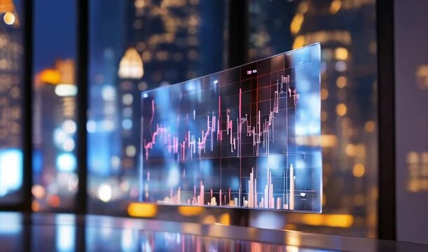 financial graph on transparent screen with bokeh background