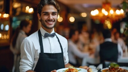Fototapeta premium Smiling server waiter holding plates with food on a tray in a expensive luxury restaurant. Generative AI.