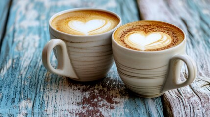 Two cups of cappuccino with latte art on white wooden background