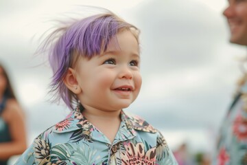 Portrait of a little girl with purple hair on the background of the sky