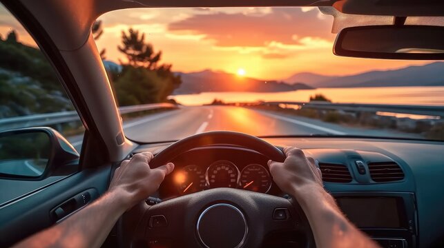 Hands of car driver on steering wheel road trip drive in summer vacation at sunset. Generative AI.