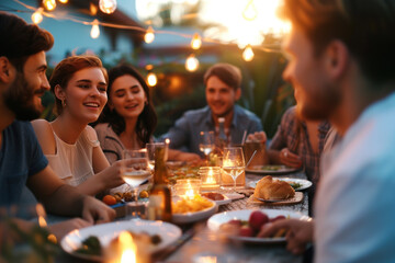 Friends Gathering for an Outdoor Dinner Party at Dusk with Festive Lights and Food