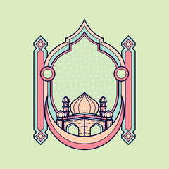 Mosque in the half moon with minimalist green yellow frame ornament