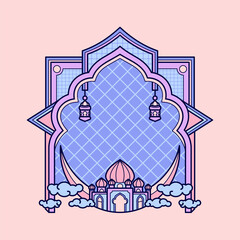 Mosque in the sky with minimalist blue violet frame ornament