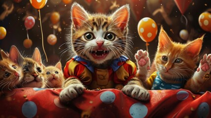 A mischievous kitten sneaking behind a clowns back and stealing a handful of catnip from his polka dot pants as other cats look on with sly grins and raised eyebrows.
