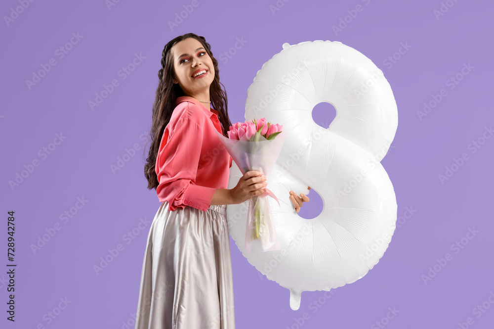 Sticker Beautiful woman with tulips and balloon in shape of figure 8 on lilac background. International Women's Day