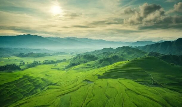 aerial view of expanses of green rice fields, rural vibe