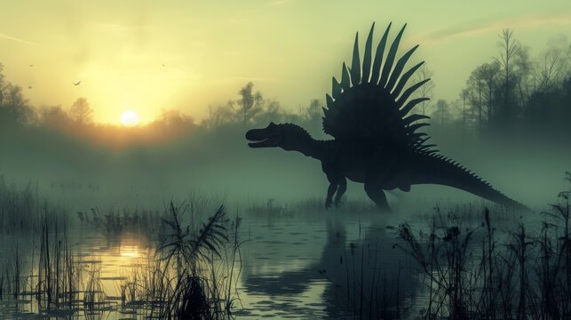 The towering silhouette of the Spinosaurus looms over the marshland as it navigates the murky waters on the hunt.