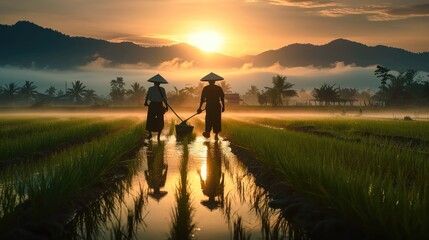 Asian farmer workers working at rice farm fields and harvesting rice. Generative AI.