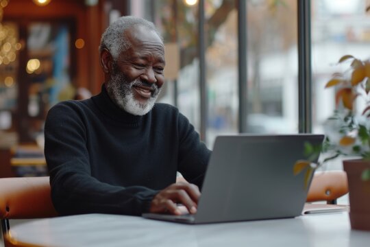 Portrait of a senior african american man using laptop in a coffee shop - Powered by Adobe