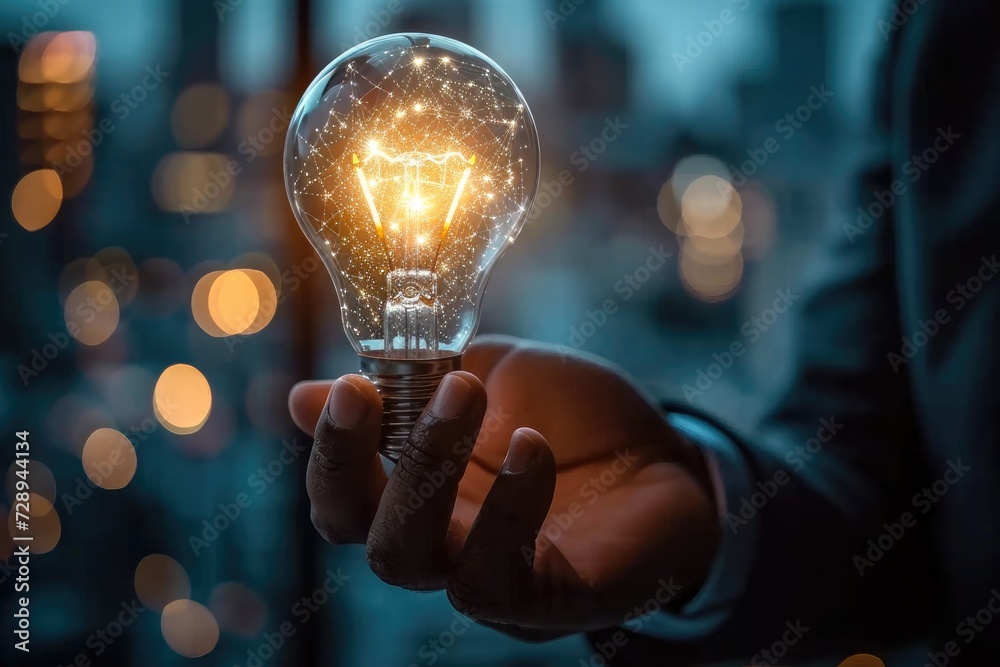 Poster businessman holding a light bulb in his hand. symbolizing a new business idea for company growth. ho