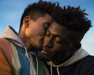 One black and one mixed-race male person are hugging each other. They express love with closed eyes, leaning their heads towards each other, and one is kissing the other on the cheek. 