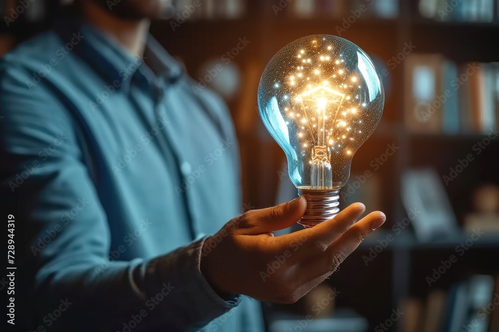 Poster businessman holding a light bulb in his hand. symbolizing a new business idea for company growth. ho