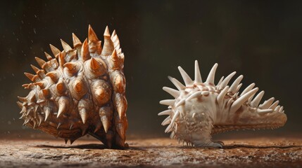 A sidebyside comparison of a stegosaurus spine and a modern porcupine quill demonstrating how defense mechanisms have evolved over time. - obrazy, fototapety, plakaty