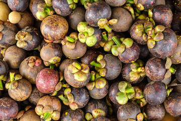 Closeup of fresh ripe mangosteen fruits for sale in a market at Thailand