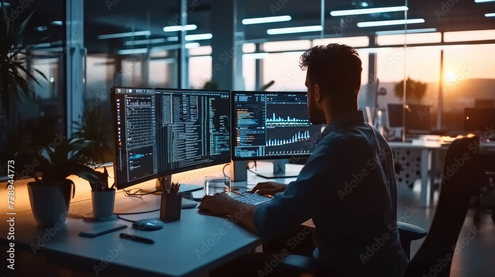 Aufkleber Programming and engineering on his computer and typing on the keyboard writing codes and programs in a modern tech company office. numbers and graphs on screen. Generative AI.